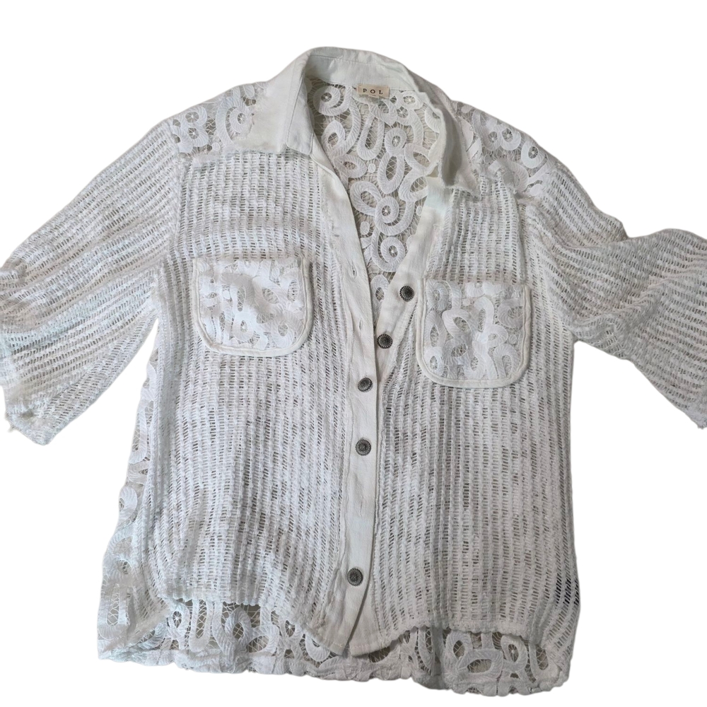 POL White Lace Button-Up Top
